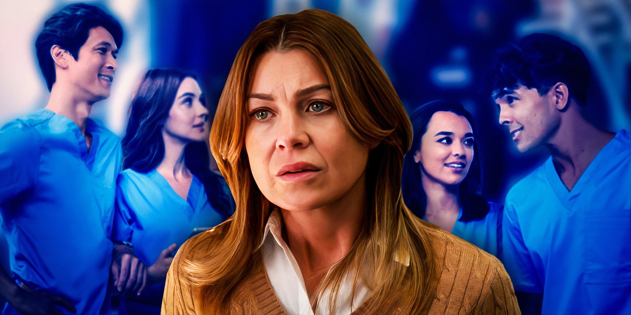 Ellen Pompeo looking concerned as Dr. Meredith Grey in Grey's Anatomy season 20 with the season 19 interns behind her