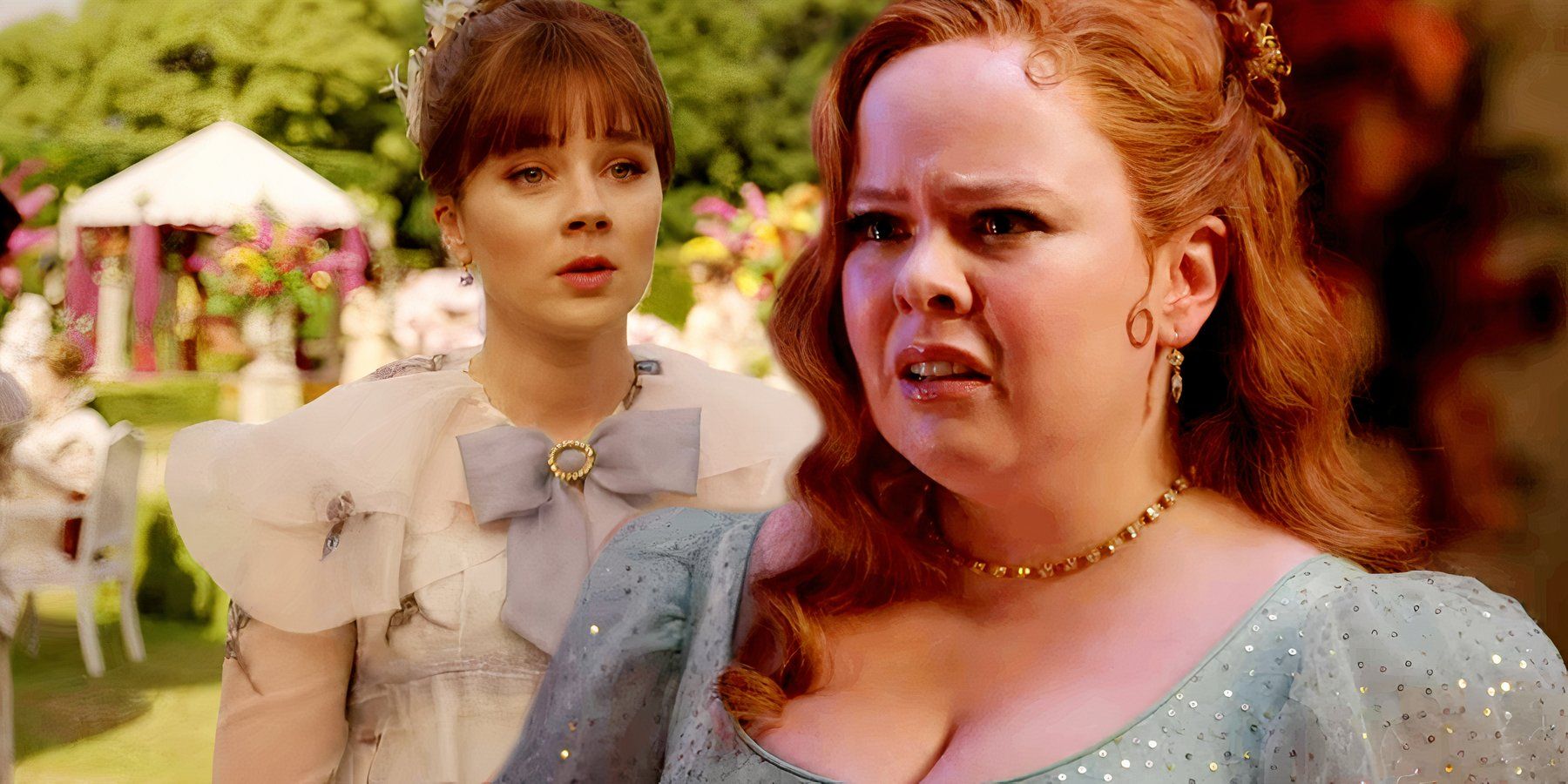 Eloise looking fazed while Penelope is upset in Bridgerton