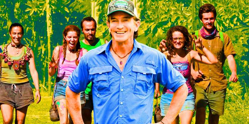 Jeff probst with monatge of Survivor 46 cast