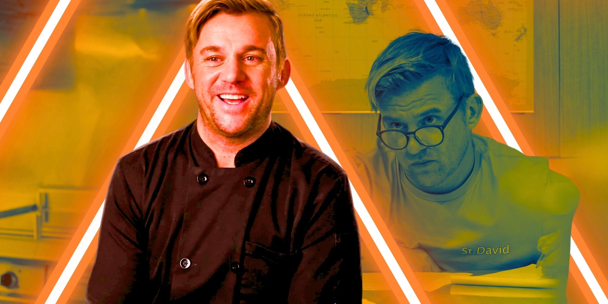 Below Deck Season 11's Chef Nick Tatlock in his black chef coat with green filtered and orange neon background montage