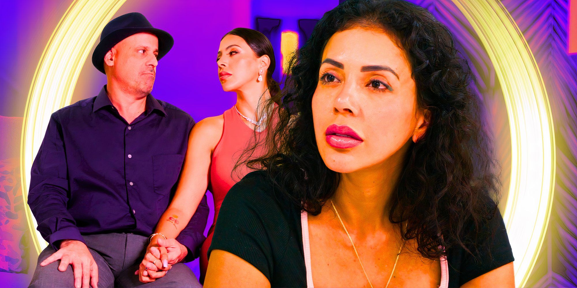 90 Day Fiance's Jasmine Pineda looks serious in front of a group shot of Gino Palazzolo and Jasmine holding hands.