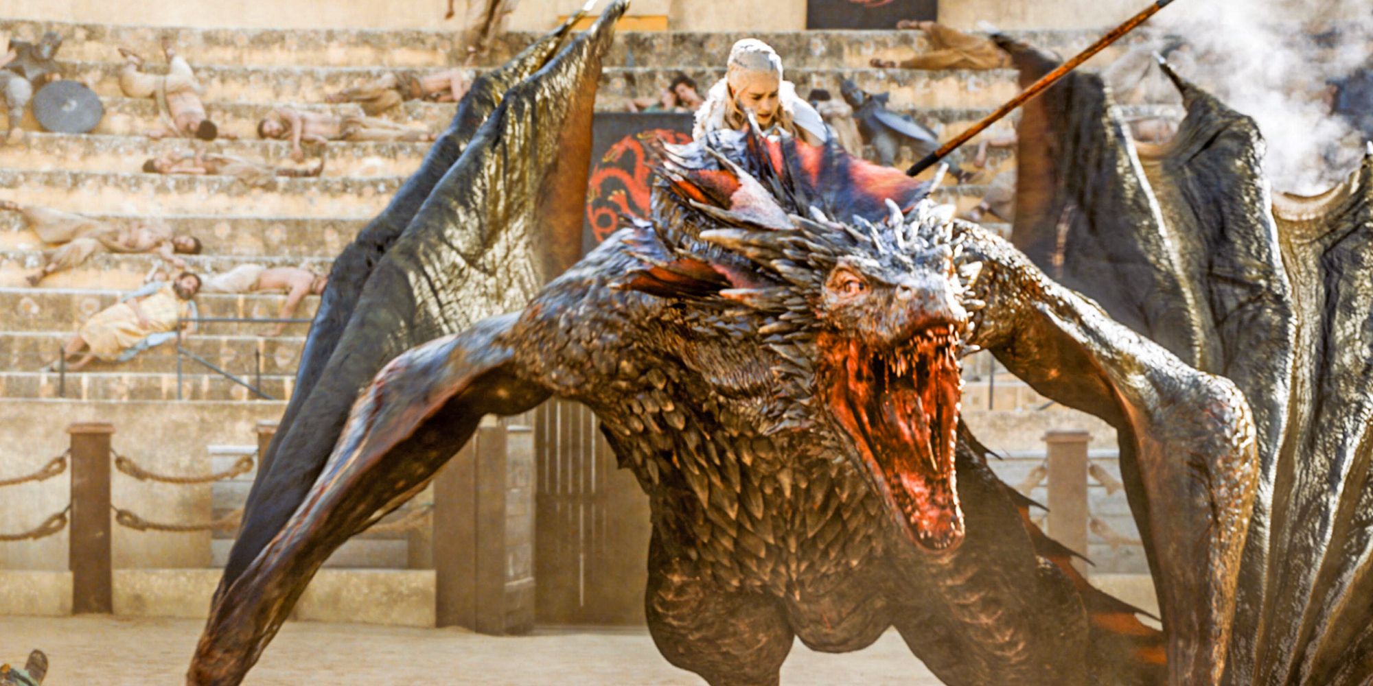 Emilia Clarke as Daenerys mounting Drogon in Game of Thrones season 5 episode 9