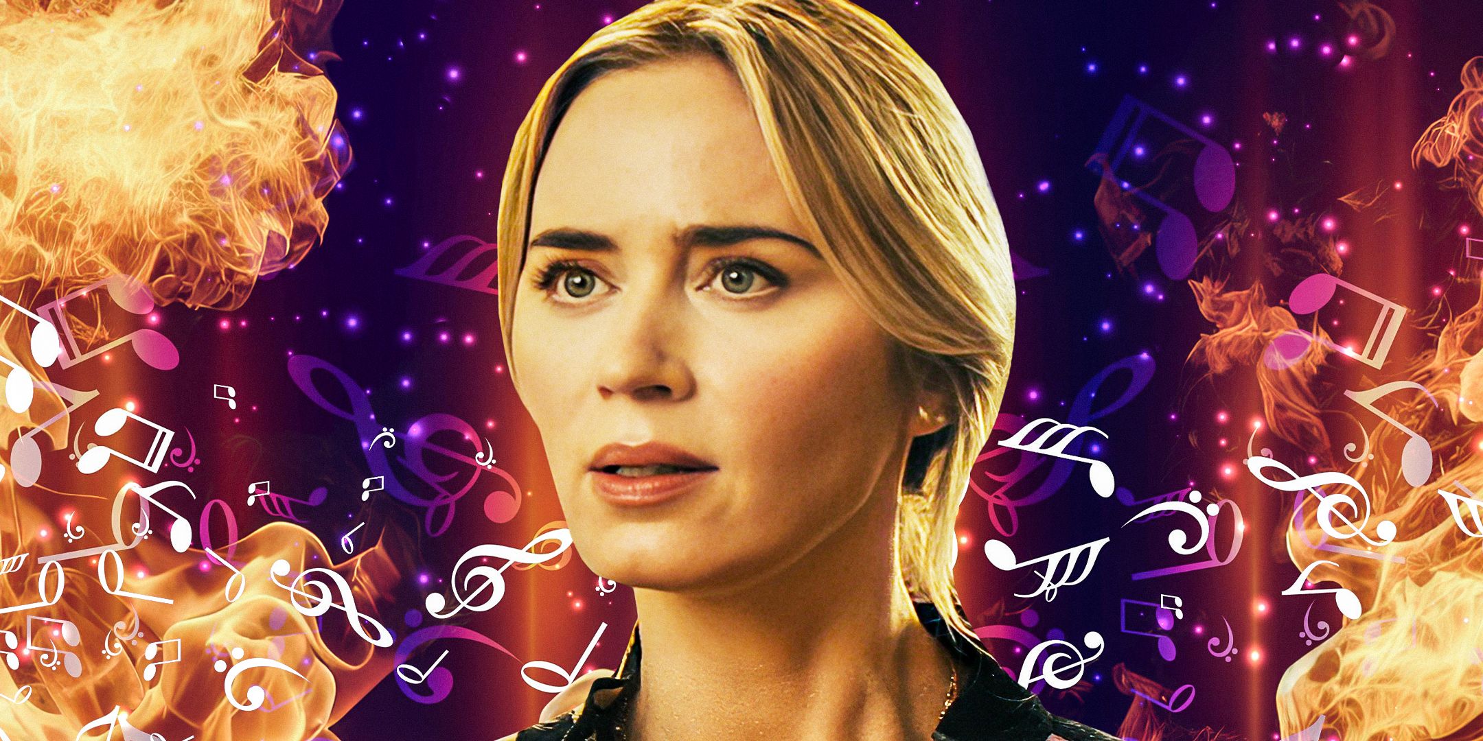Emily Blunt as Jody Moreno from The Fall Guy with music notes behind her