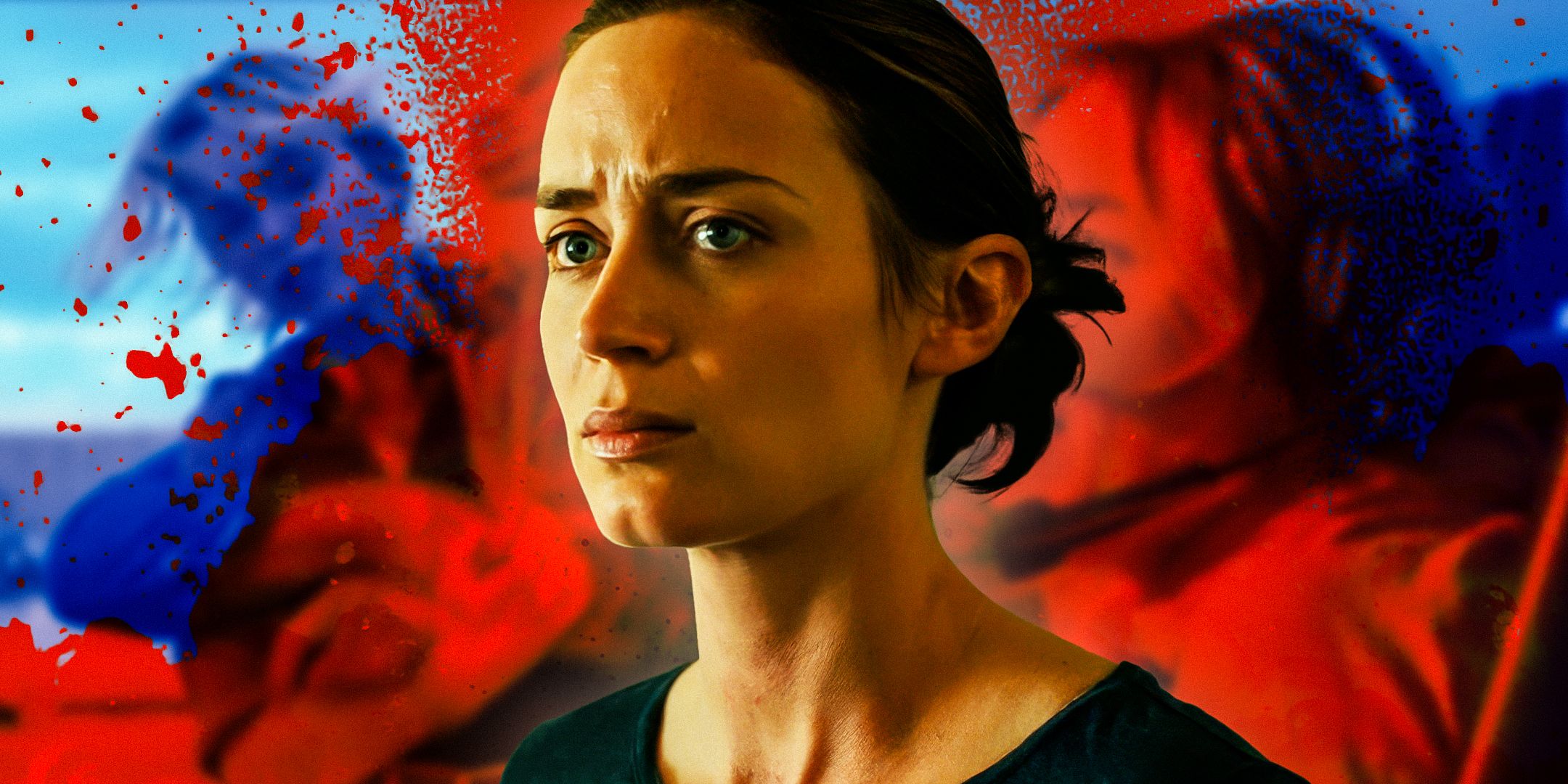 Emily Blunt in Sicario with blurred images of Blunt in The Fall Guy and Edge of Tomorrow