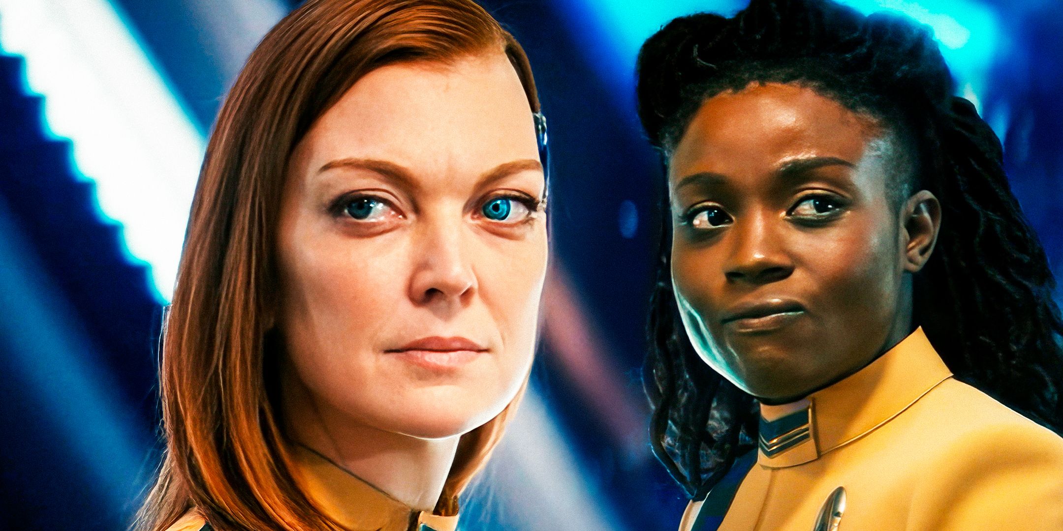 Uma colagem de Emily Coutts como Keyla Detmer e Oyi Oladejo como Joann Owosekun de Star Trek: Discovery.