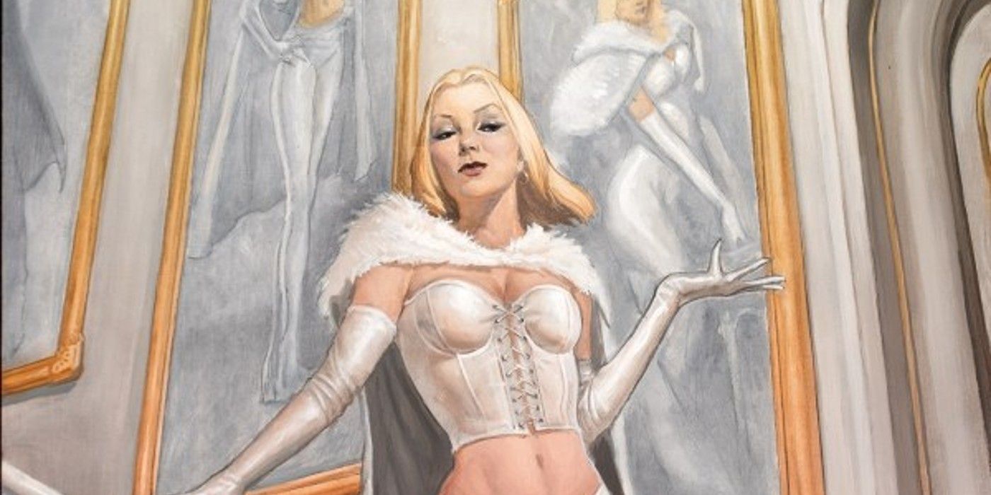 Emma Frost em pé majestosamente na capa de Fall of the House of X