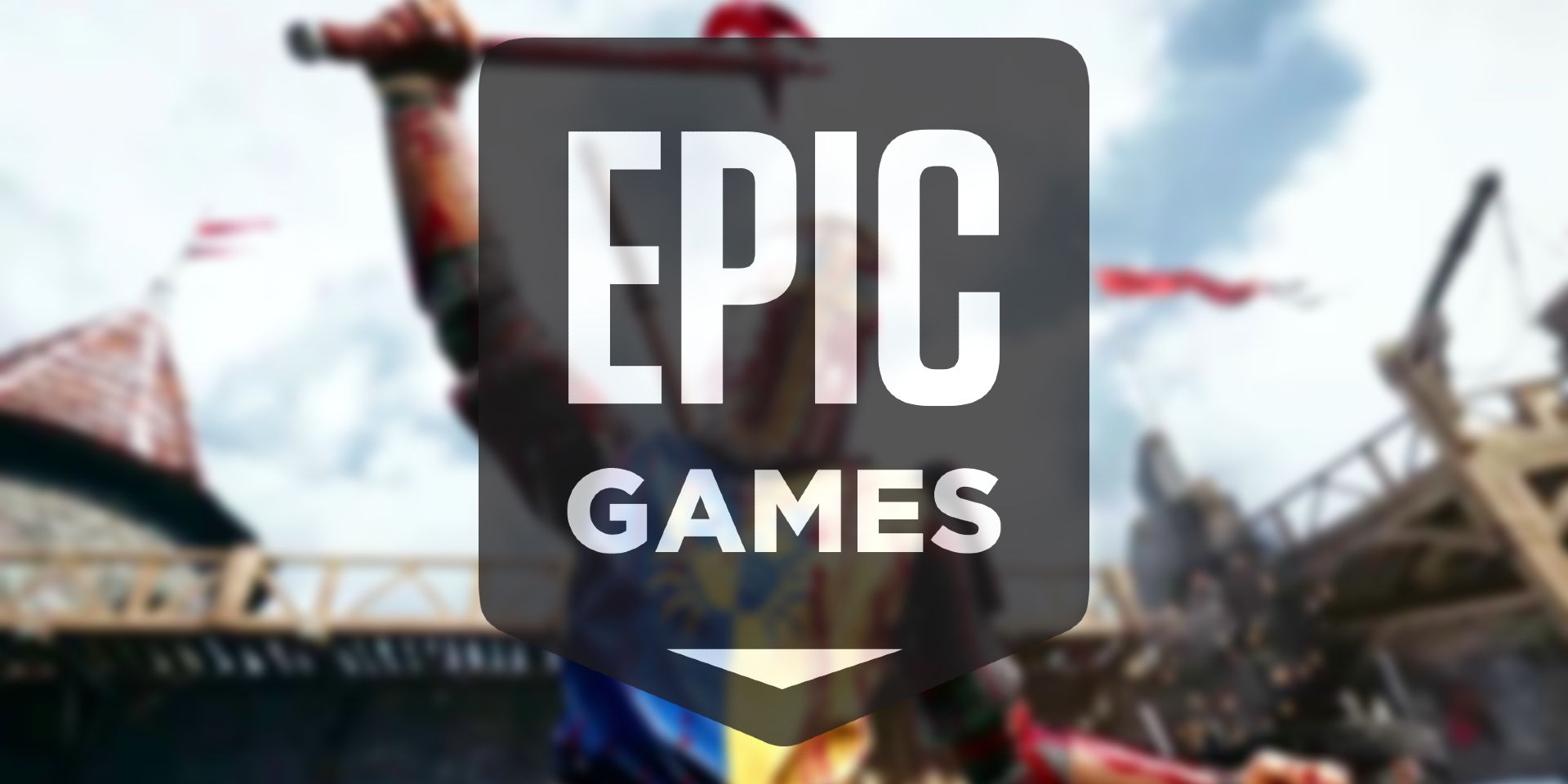 The Epic Games logo over a blurred picture of a knight raising a bloody axe in the air.