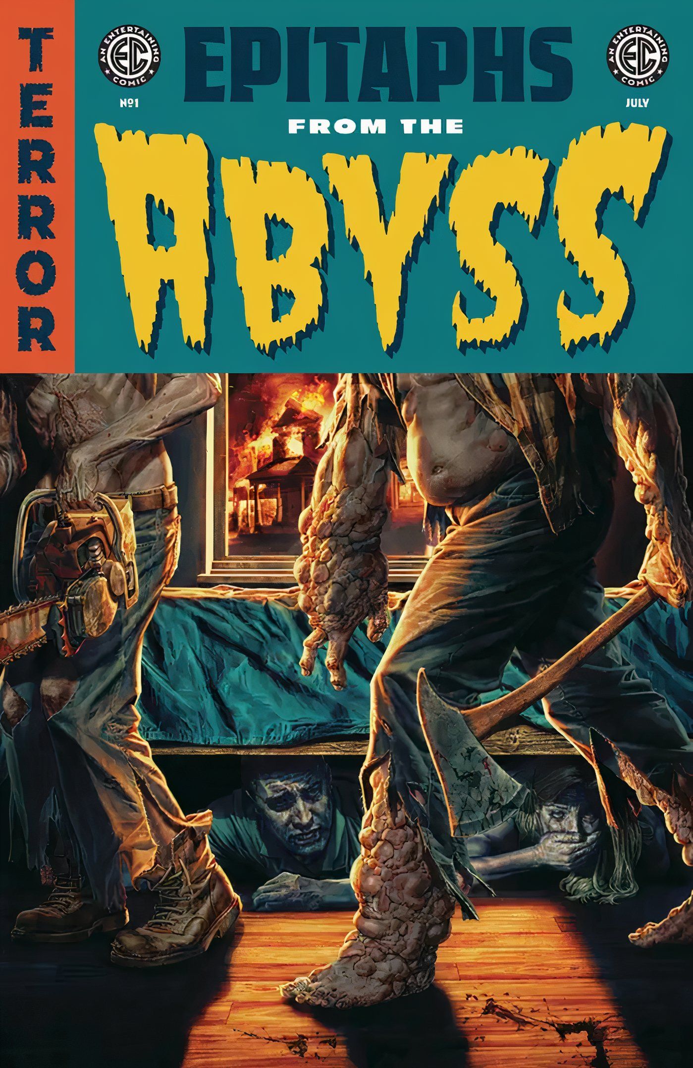 Epitaphs From The Abyss 1 cover from Oni Press (EC Comics) featuring a man hiding under the bed as monsters search for him