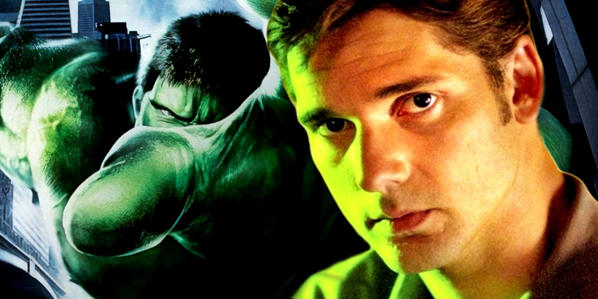 Eric Bana Plays Bruce Banner in Ang Lee's 2003 Hulk Movie with Hulk Reaching To The Camera In the Background
