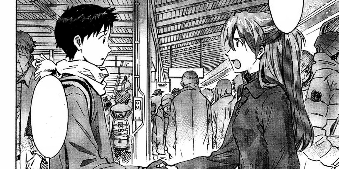 Evangelion manga: Shinji runs into Asuka in the new world.