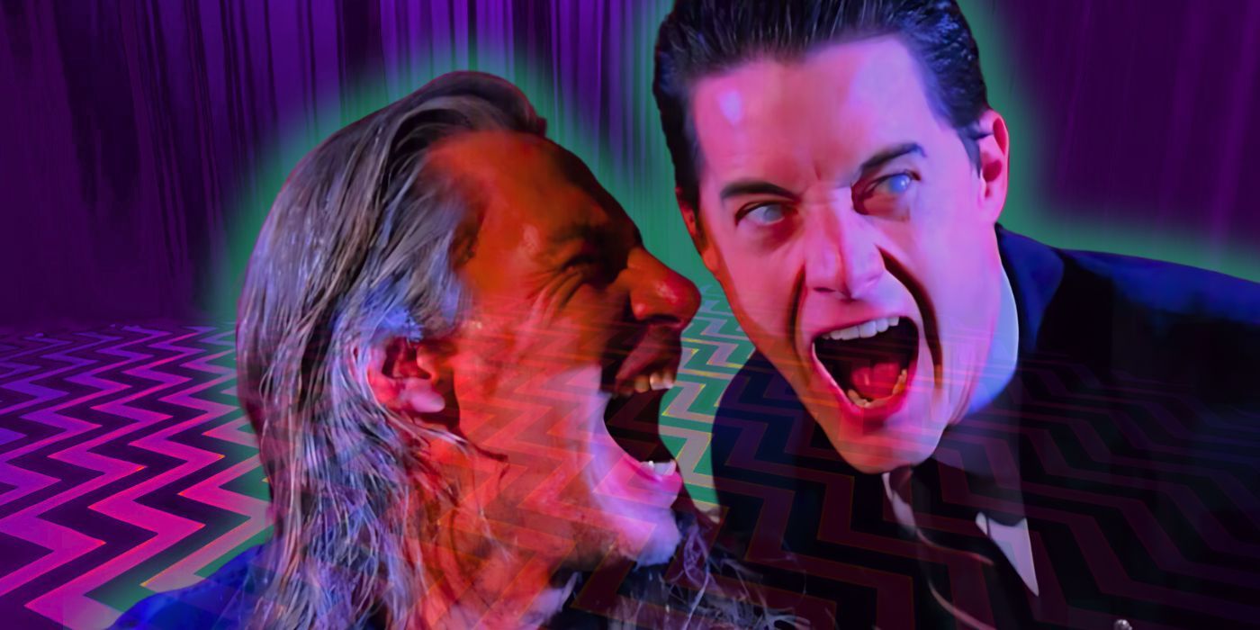 Evil Dale Cooper (Kyle MacLachlan) and BOB in the Twin Peaks season 2 finale with I Saw the TV Glow Black Lodge color scheme