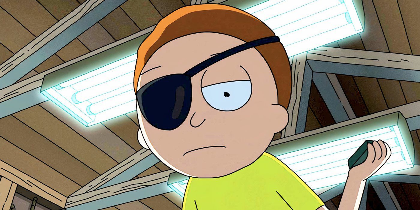 Evil Morty olha friamente em uma garagem do episódio 5 da 7ª temporada de Rick e Morty