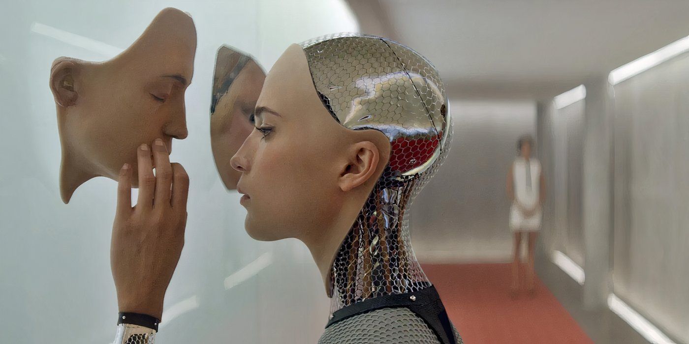 Alicia Vikander as Ava the android looking at a face in Ex Machina