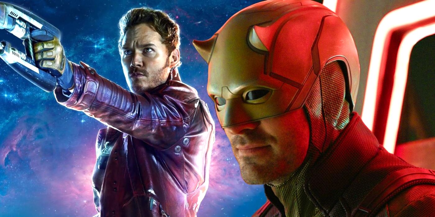 Split image of Chris Pratt as Star-Lord in a promotional image for Guardians of the Galaxy and Charlie Cox as Daredevil in She-Hulk: Attorney at Law