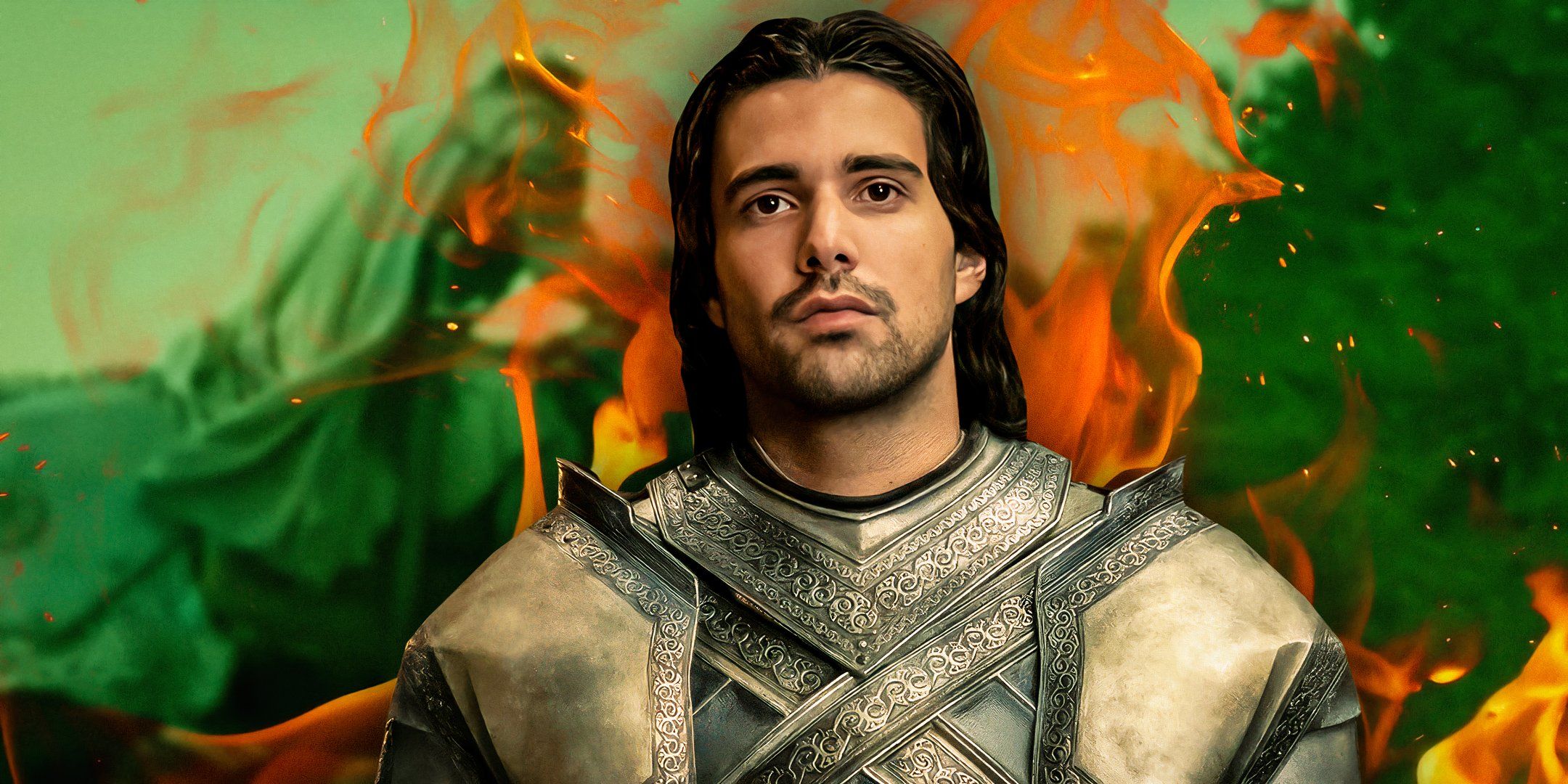 Fabien Frankel as Ser Criston Cole in armor and riding a horse in the background in House of the Dragon