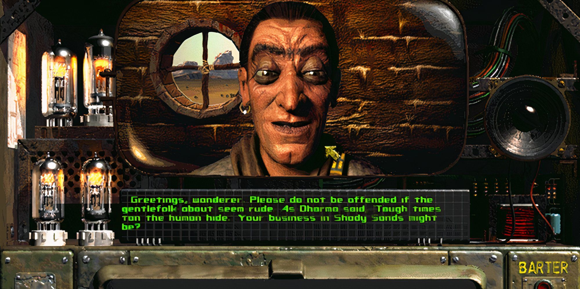 Fallout 1 Shady Sands vendor speaking to the vault dweller. 