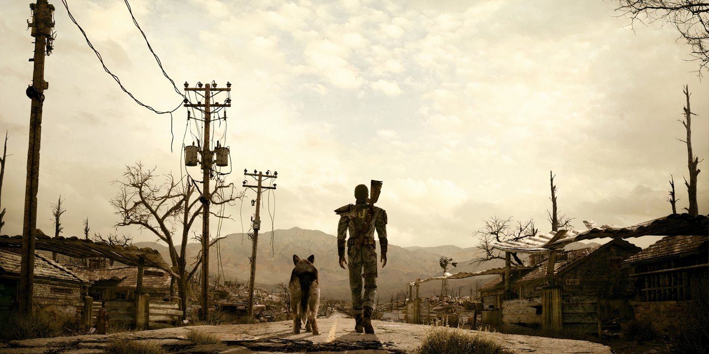 The Lone Wanderer andando pela rua com Dogmeat em Fallout 3