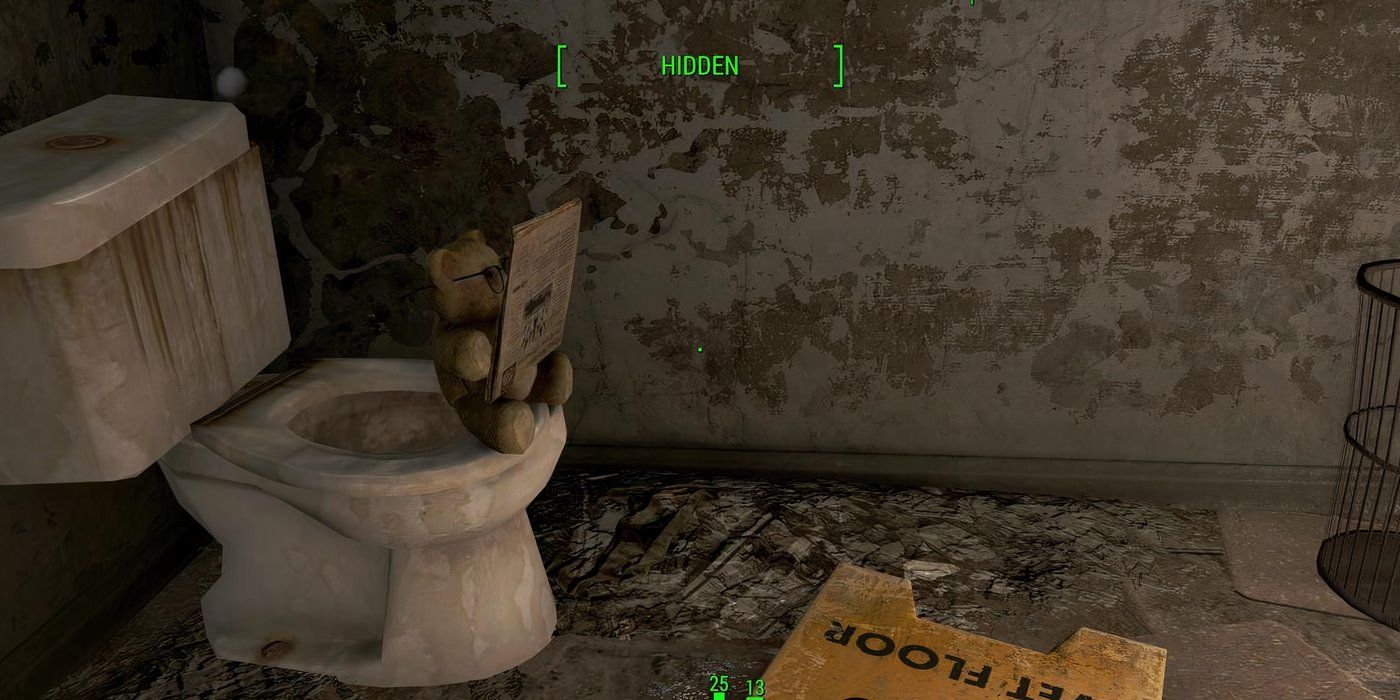 Fallout 4 Osito de peluche en el baño con gafas y leyendo un periódico