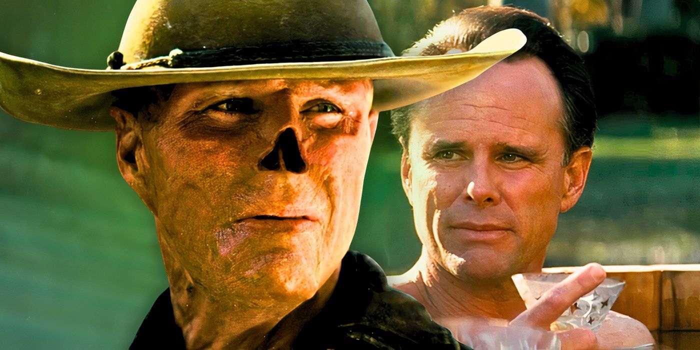 Walton Goggins as Cooper Howard looking worried and as The Ghoul looking upset in Fallout