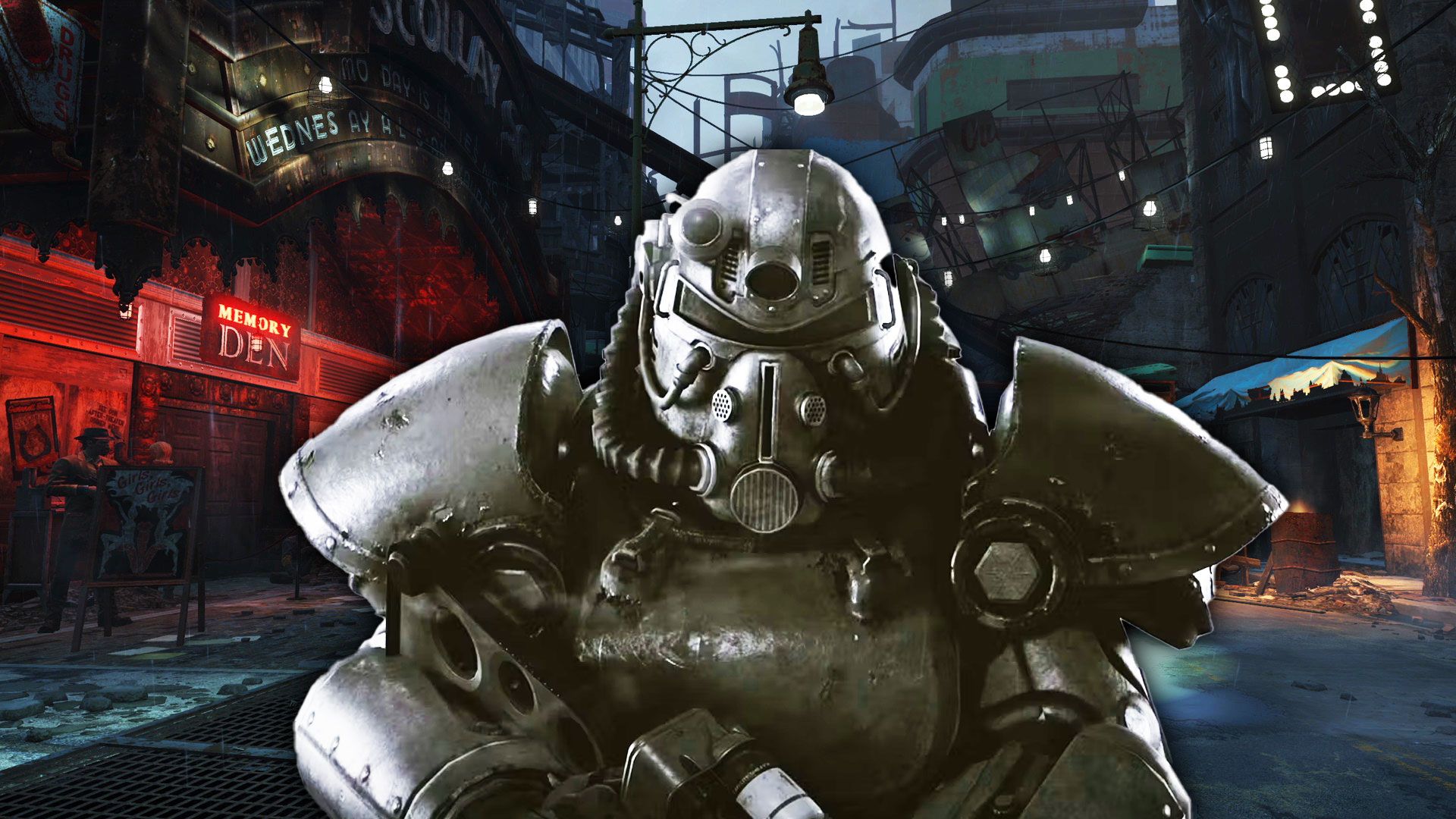 A soldier in power armor with a small town behind them. 