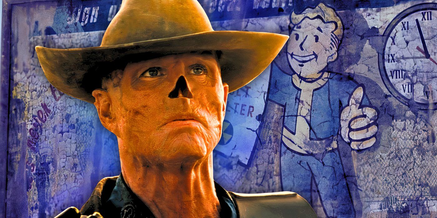 Walton Goggins as the Ghoul wearing a cowboy hat next to a weathered picture of the Vault Boy from Fallout