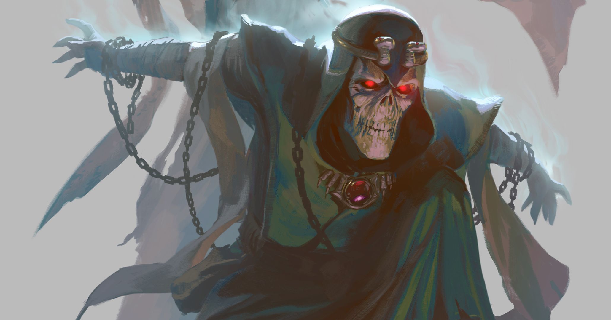 A false lich with glowing red eyes and chains in Vecna: Eve of Ruin.
