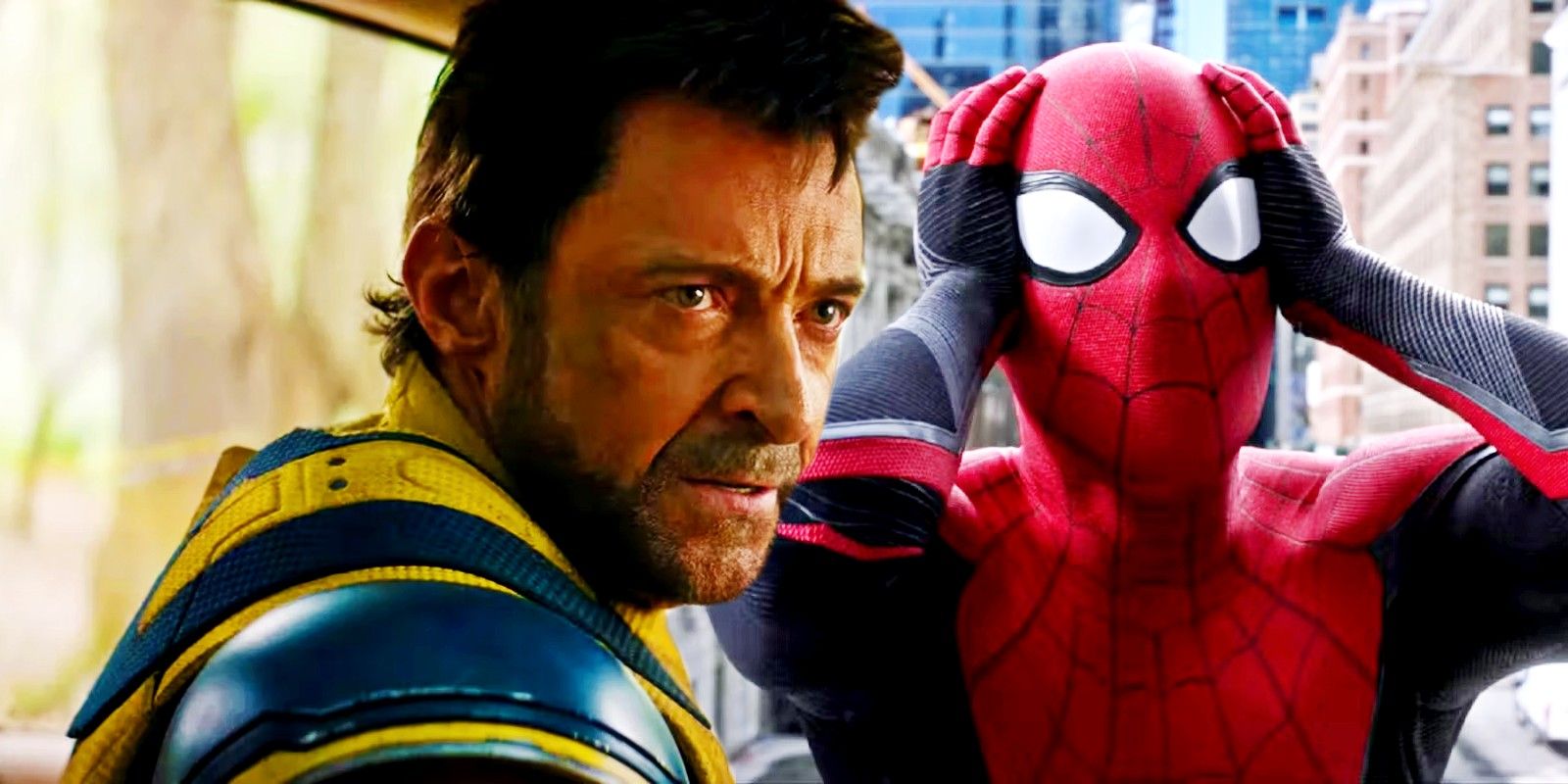 Wolverine in Deadpool & Wolverine next to Spider-Man looking surprised in Far From Home