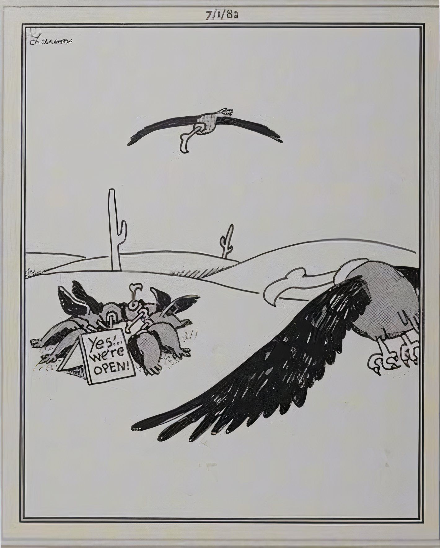 Far Side, Buzzards gathering around carrion with a sign that says 'yes we're open
