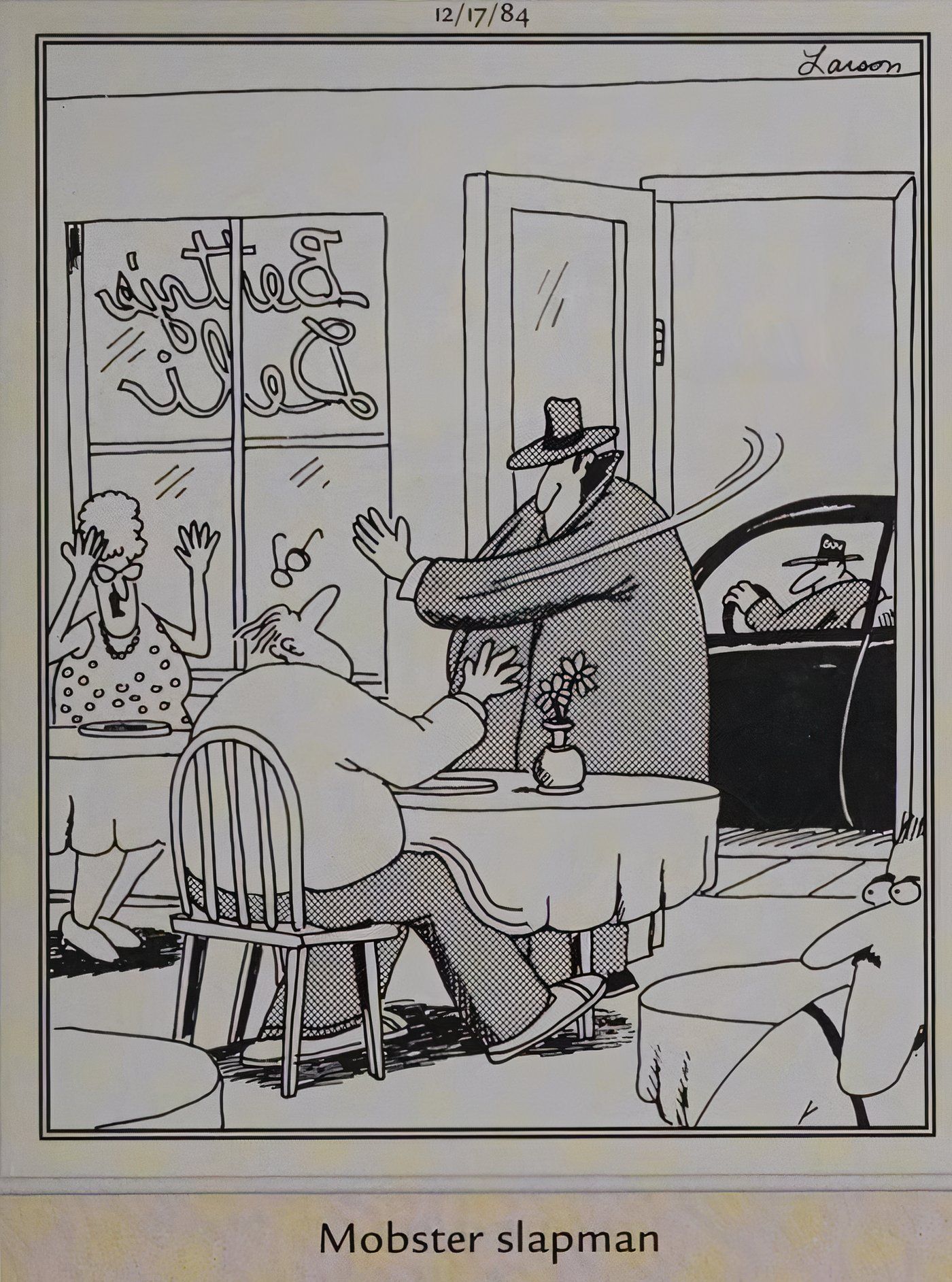 Far Side comic featuring a 'mobster slapman', in a play on the idea of a Mafia hit.