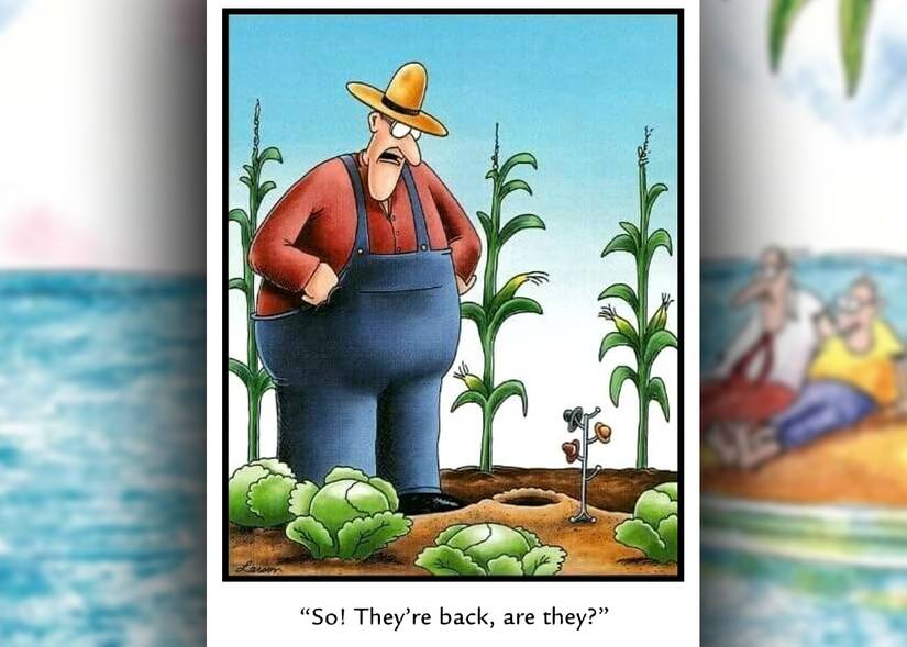 far side comic where a farmer discovers his field is infested by tiny people