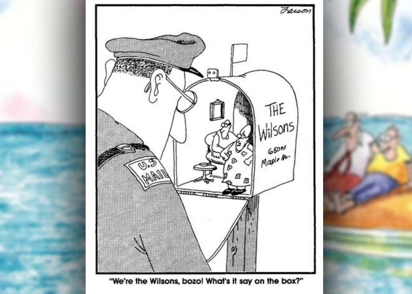 far side comic where a postman discovers tiny people living in a mailbox