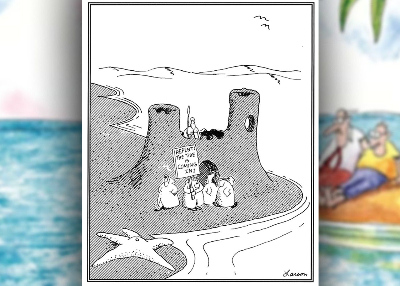 far side comic where tiny people live in a sandcastle