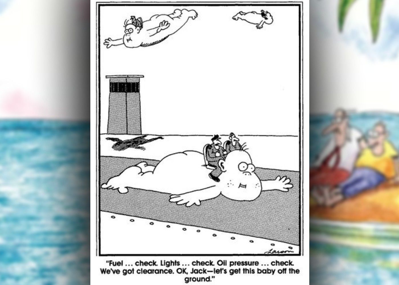 far side comic where two tiny pilots are flying a baby