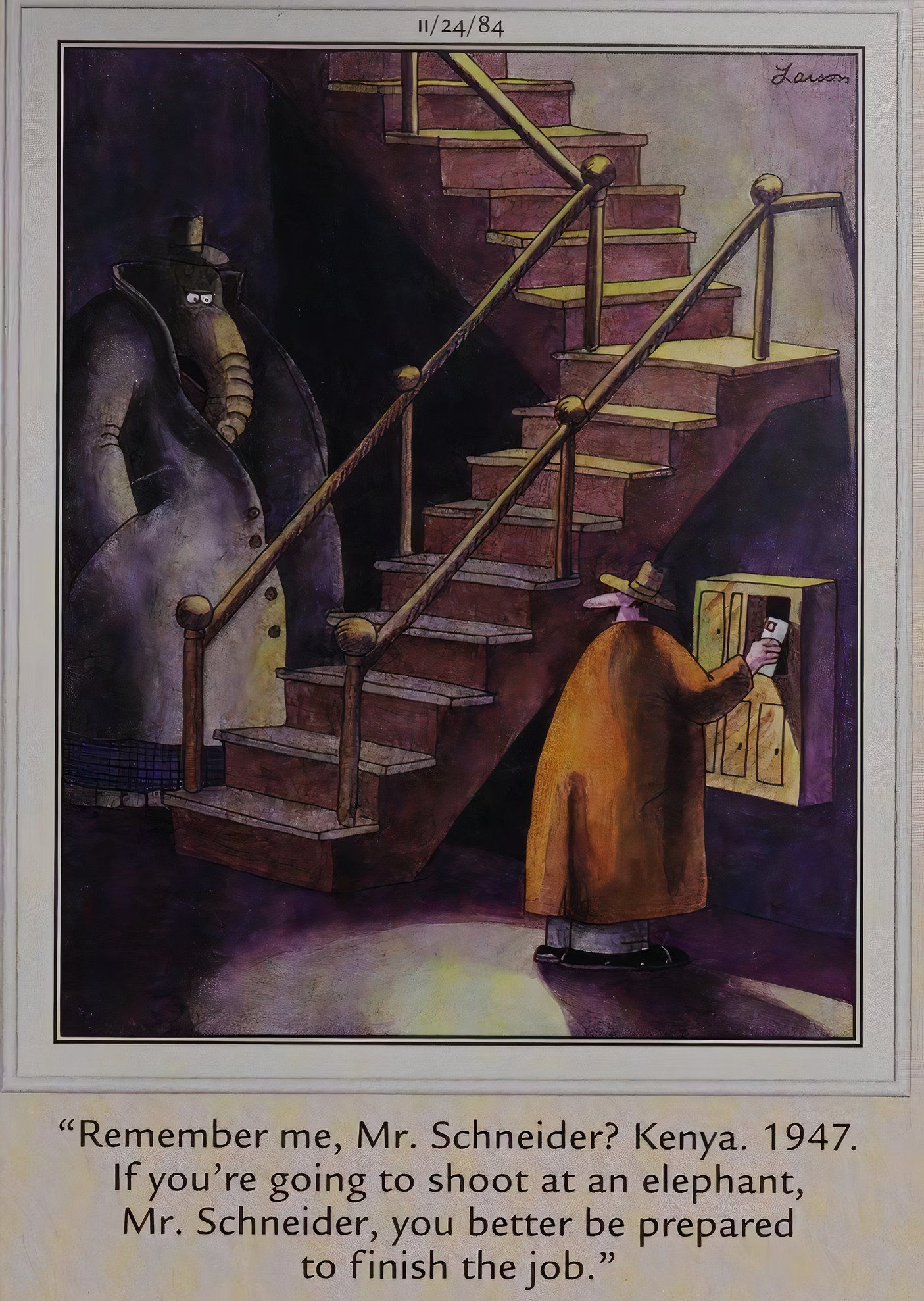 Far Side, elephant in a trench coat confronts man who shot him years earlier