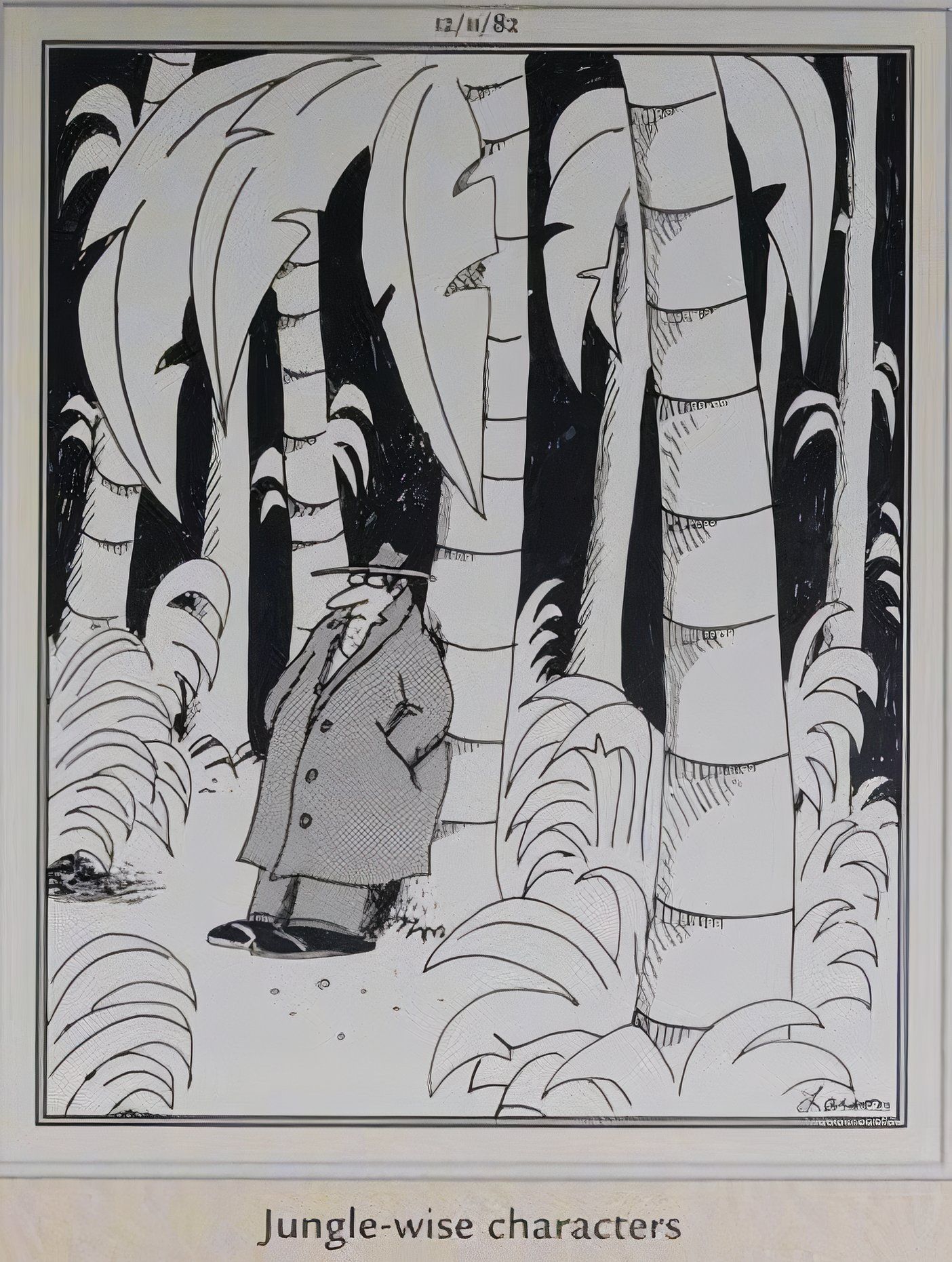 Far Side, man in a trench coat looking shady in the jungle