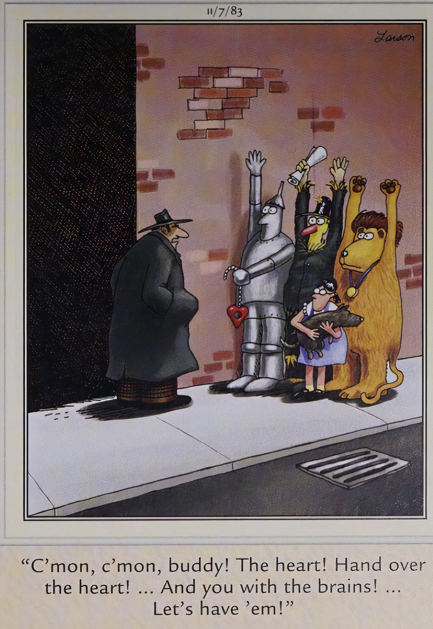 Far Side, man in a trench coat mugs the characters from Wizard of Oz