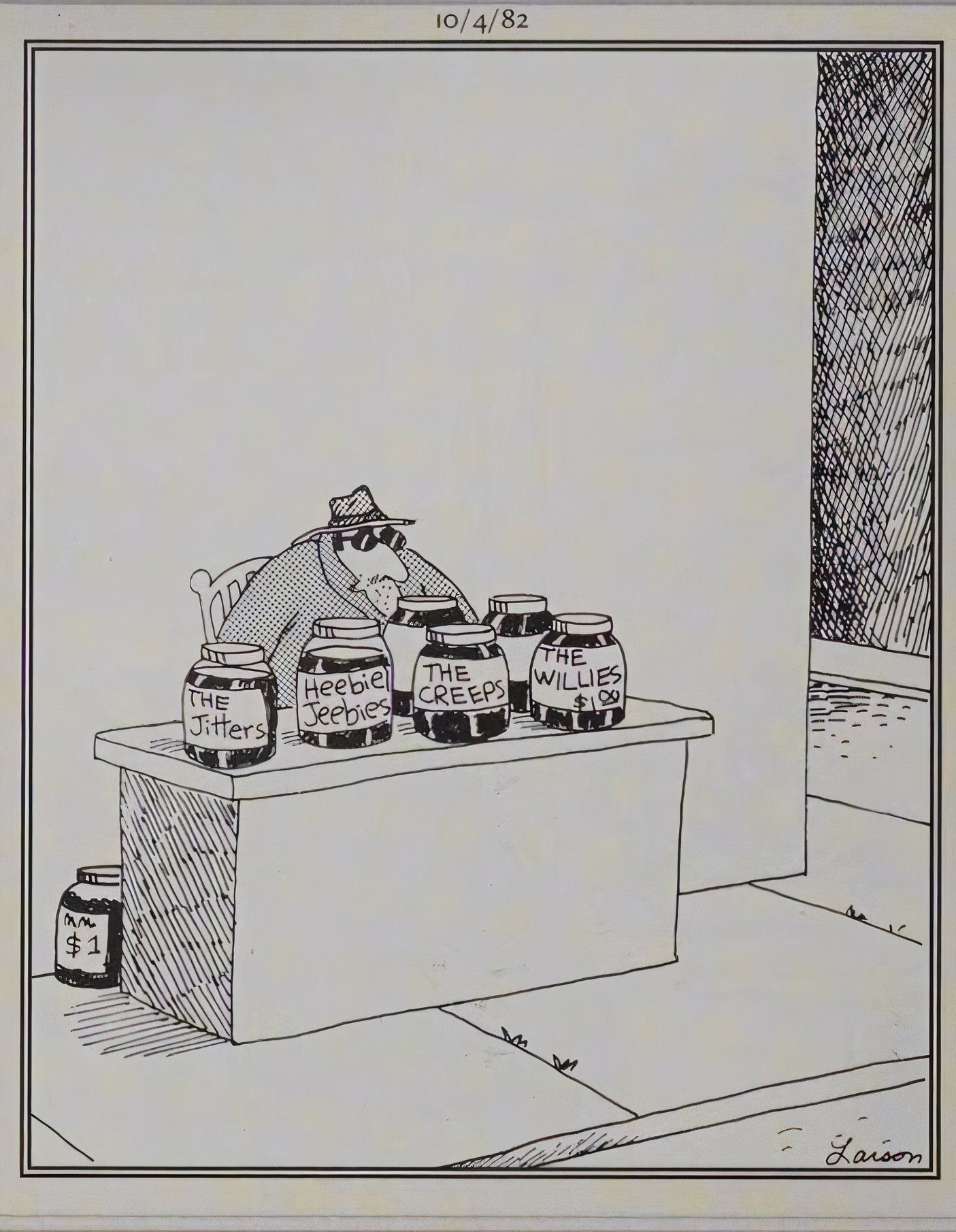 Far Side, man in trench coat selling jars of 'heebie jeebies' and 'willies' on the street-1