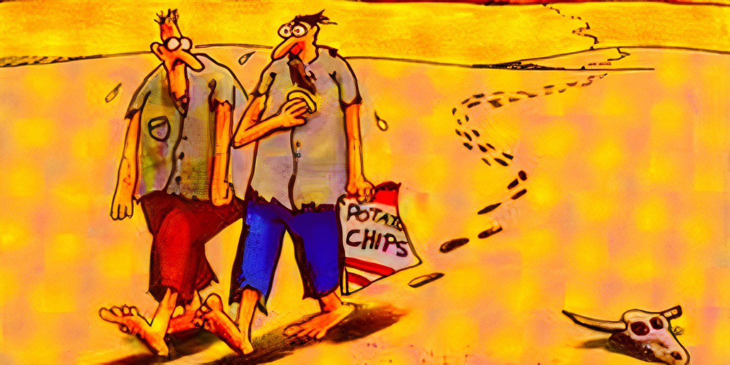Far Side, man lost in desert realizes he shouldn't have been eating potato chips