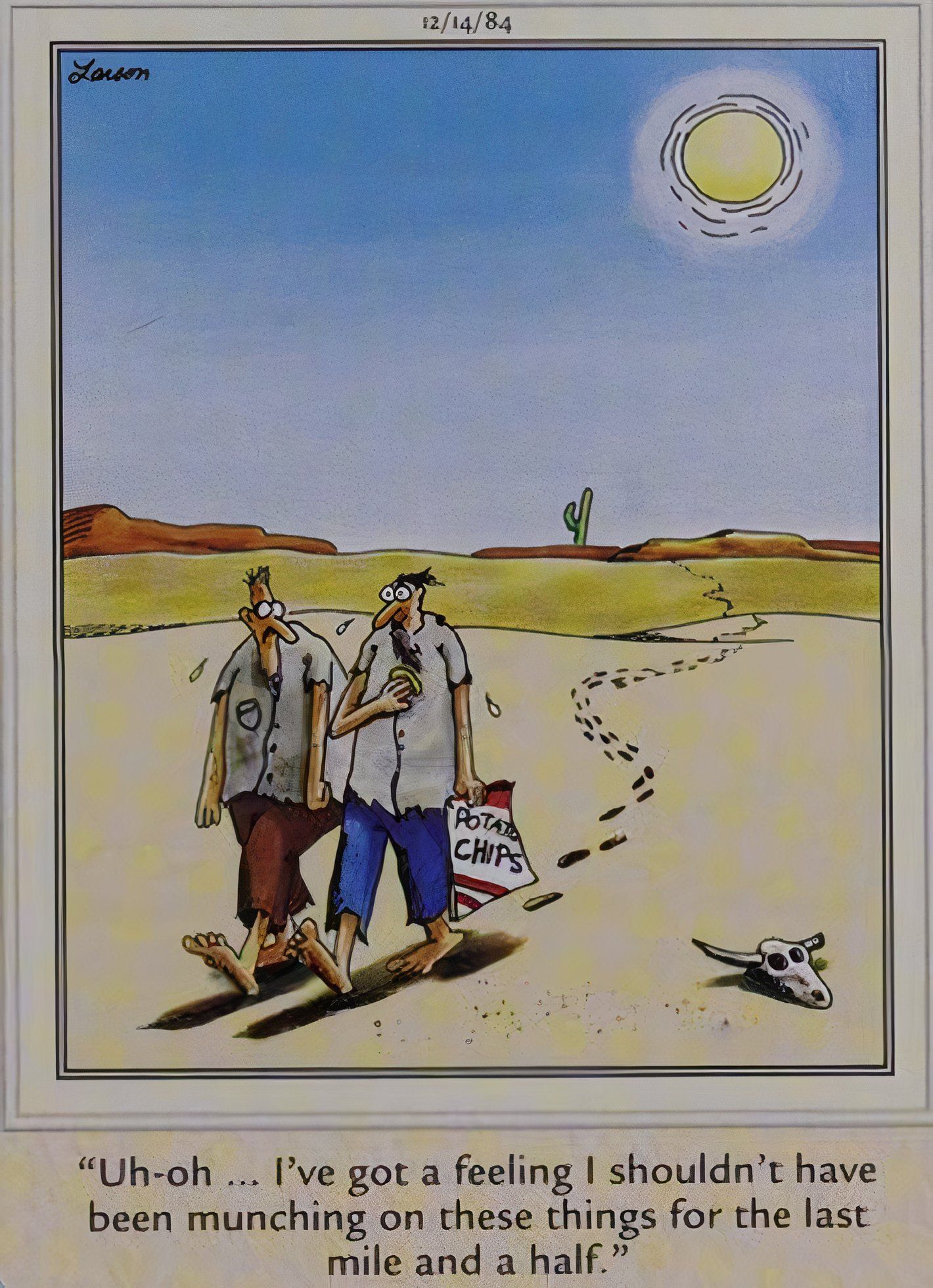 Far Side, man lost in desert realizes he shouldn't have been eating potato chips