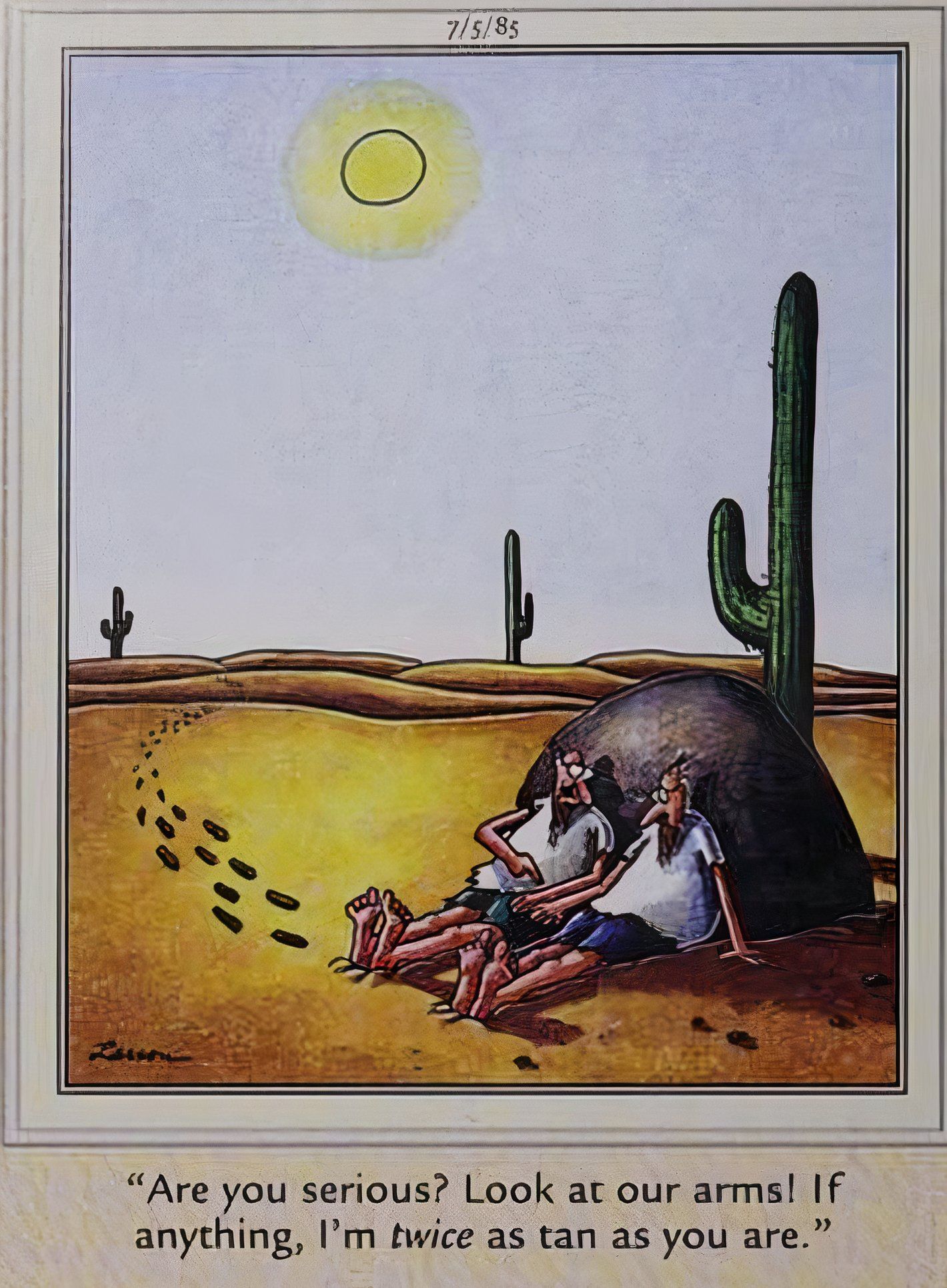 Far Side, men lost in the desert argue over who is more tan