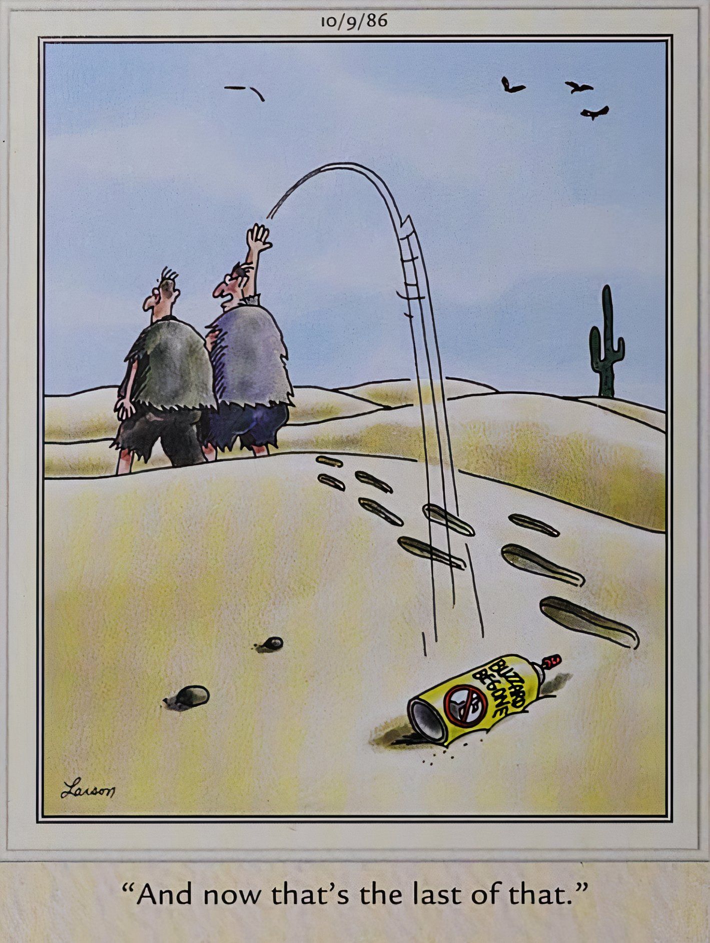 Far Side, men lost in the desert toss empty can of 'buzzard begone' as carrion eaters circle over head