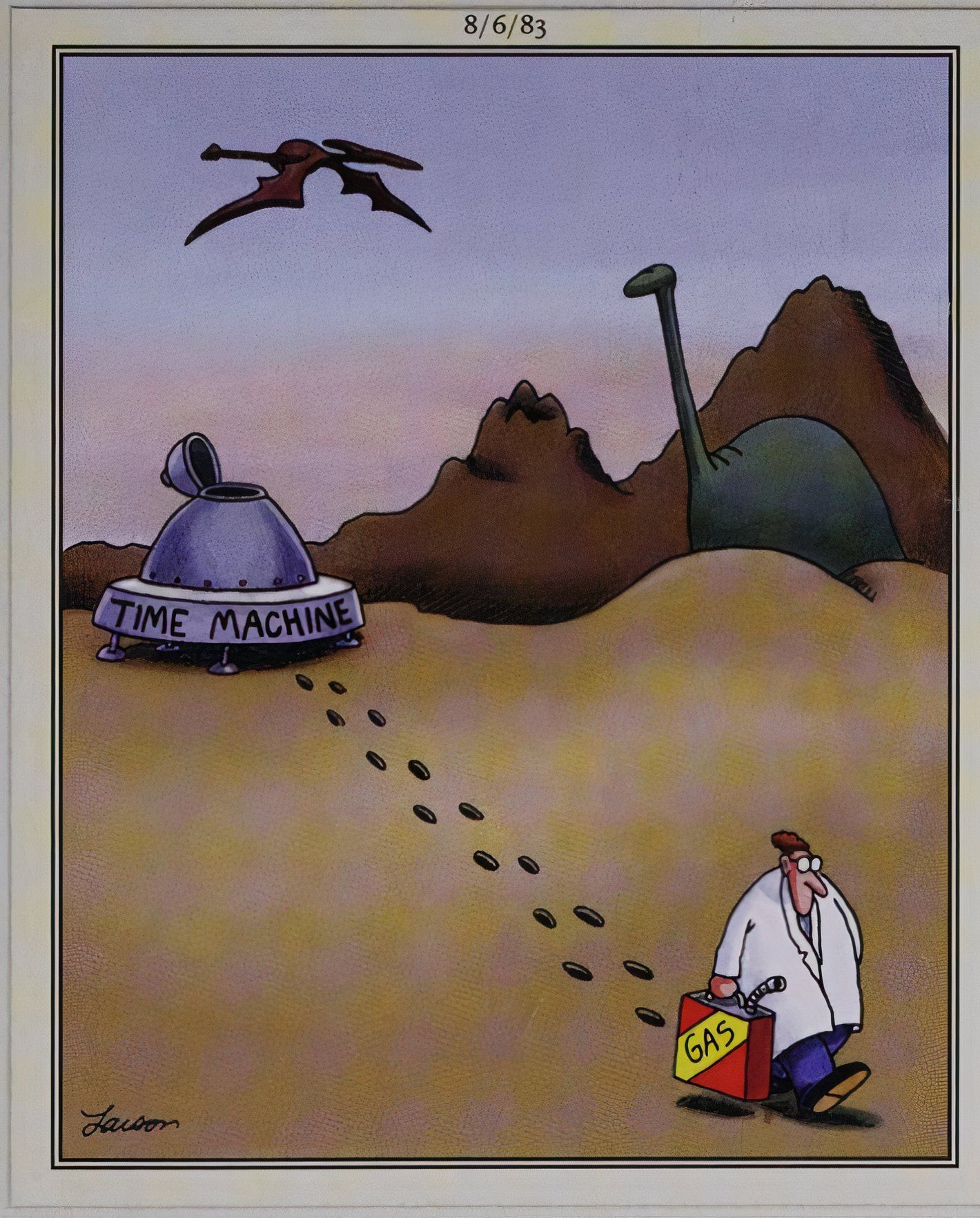 Far Side, time machine runs out of gas in middle of pre historic desert