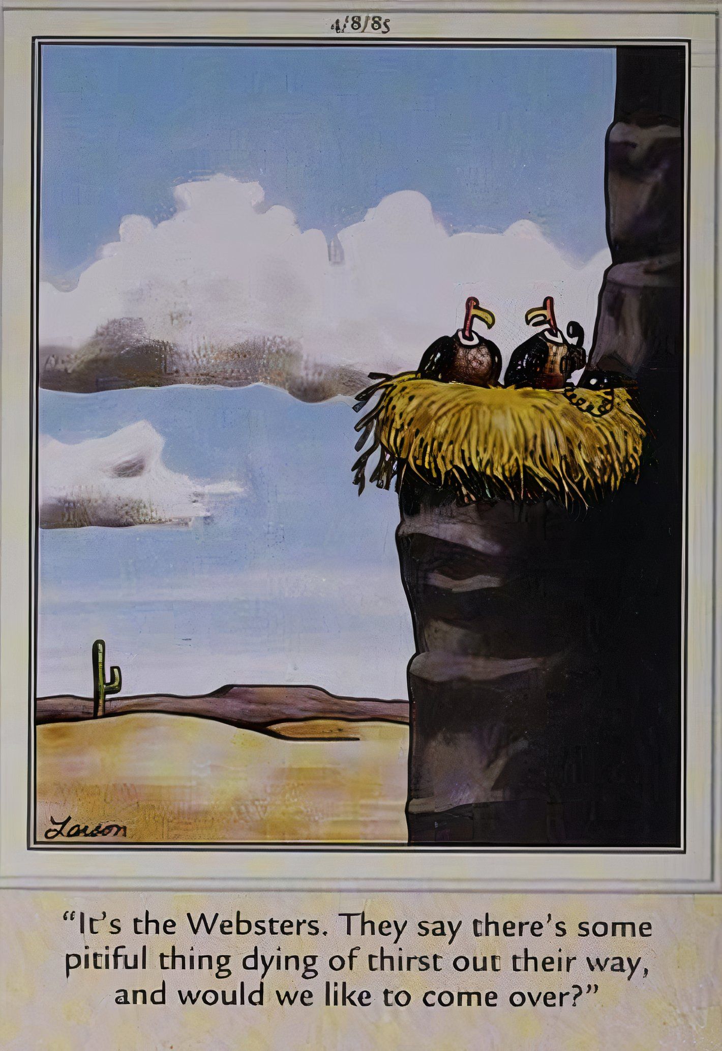 Far Side, vultures in their nest discuss going over to another bird family's to eat carrion