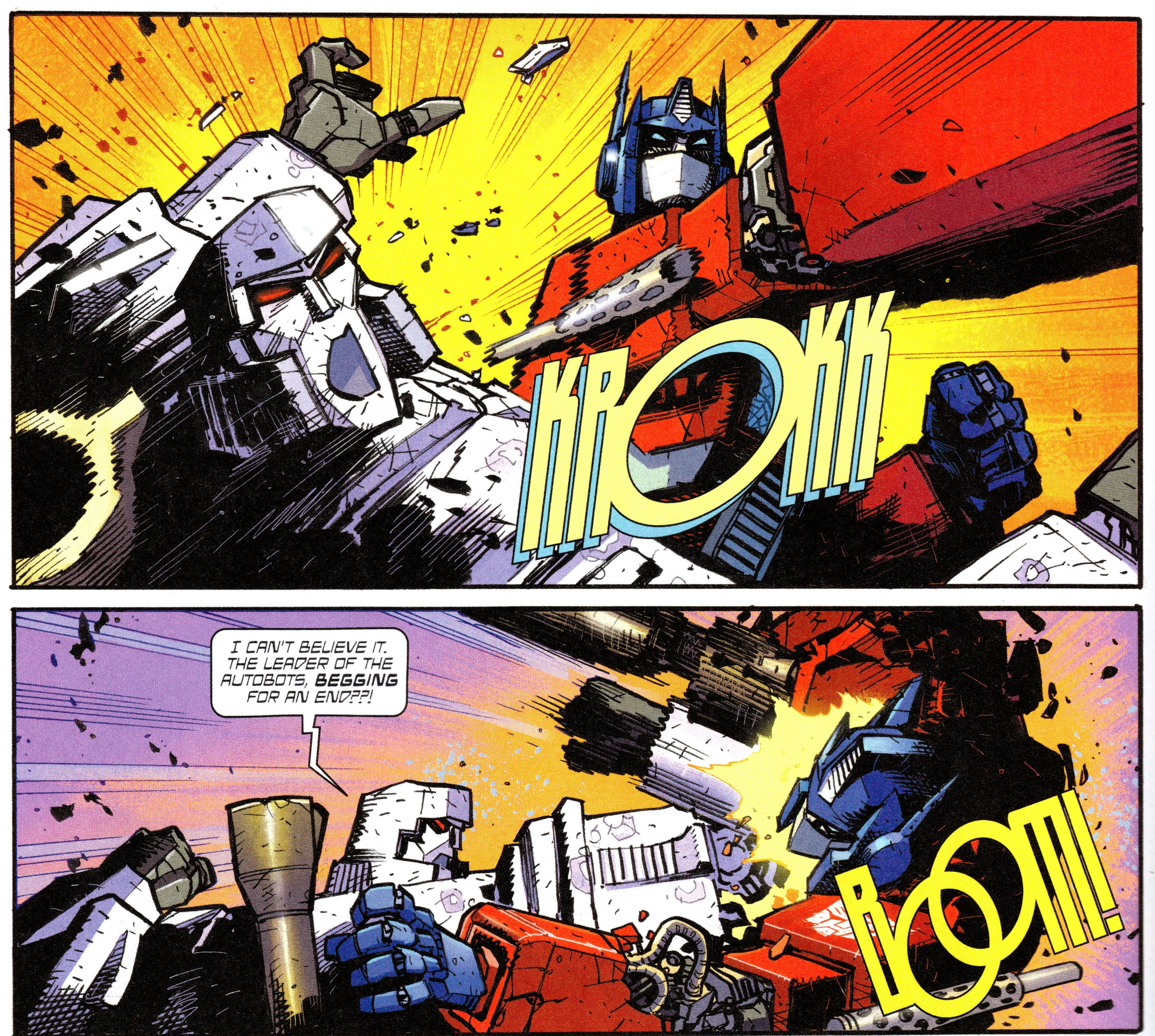 Painéis de quadrinhos: a luta dos Transformers Optimus Prime e Megatron.