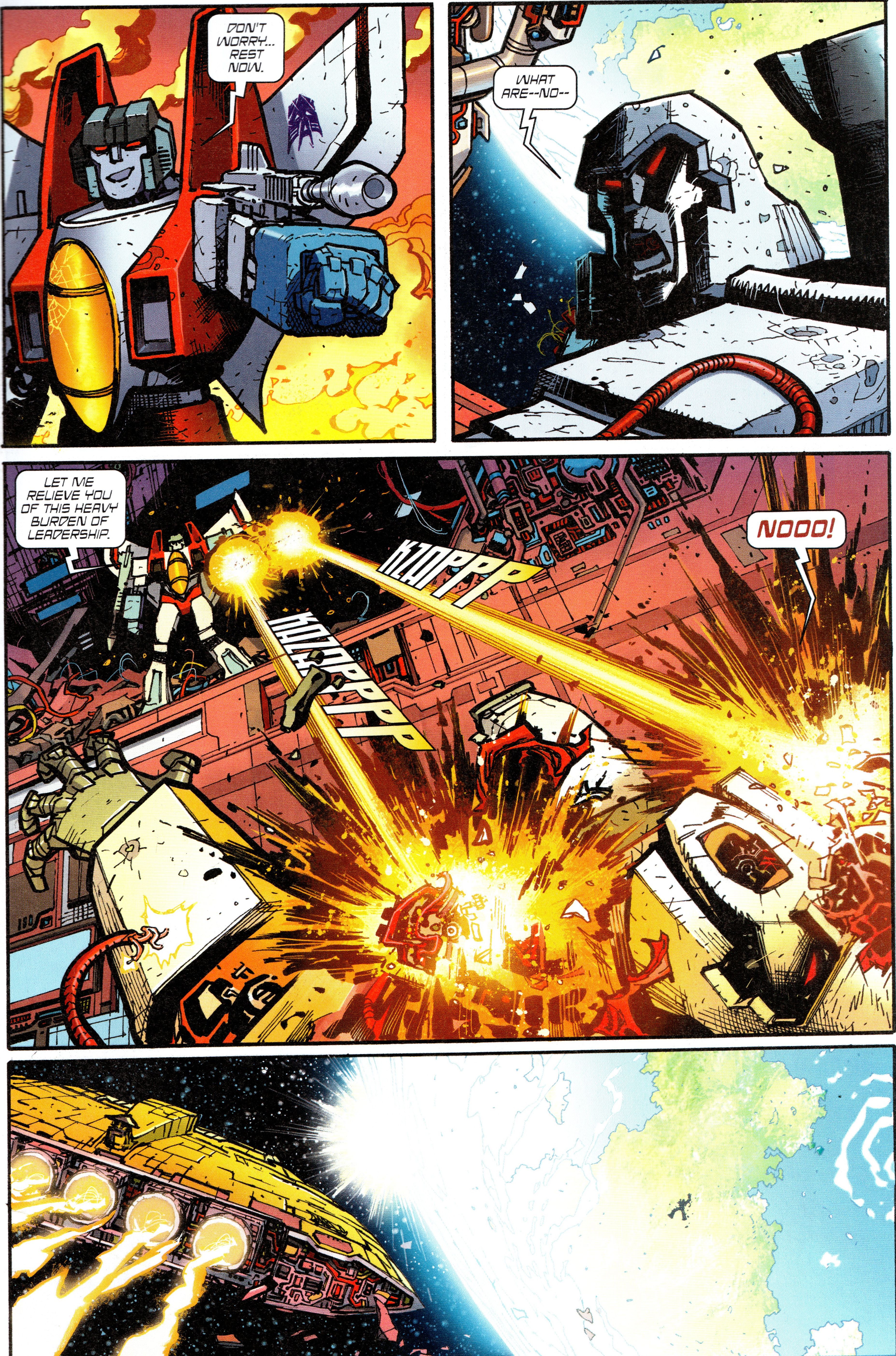 Comic book panels: the Transformer Starscream betrays Megatron in space..