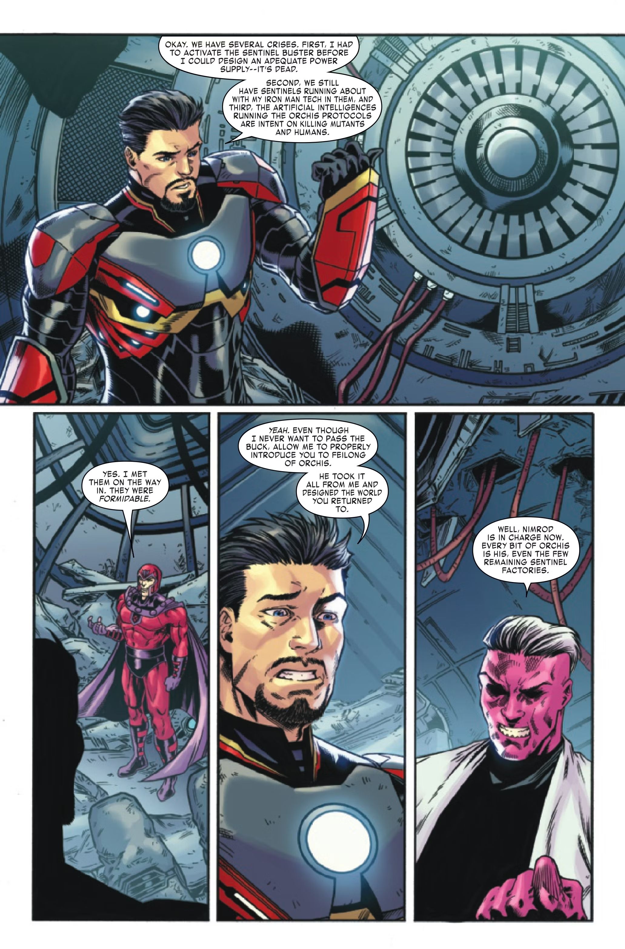 (topo) O Homem de Ferro levanta um punho.  (parte inferior) Magneto, Homem de Ferro e Feilong traçam estratégias sobre Orchis. 