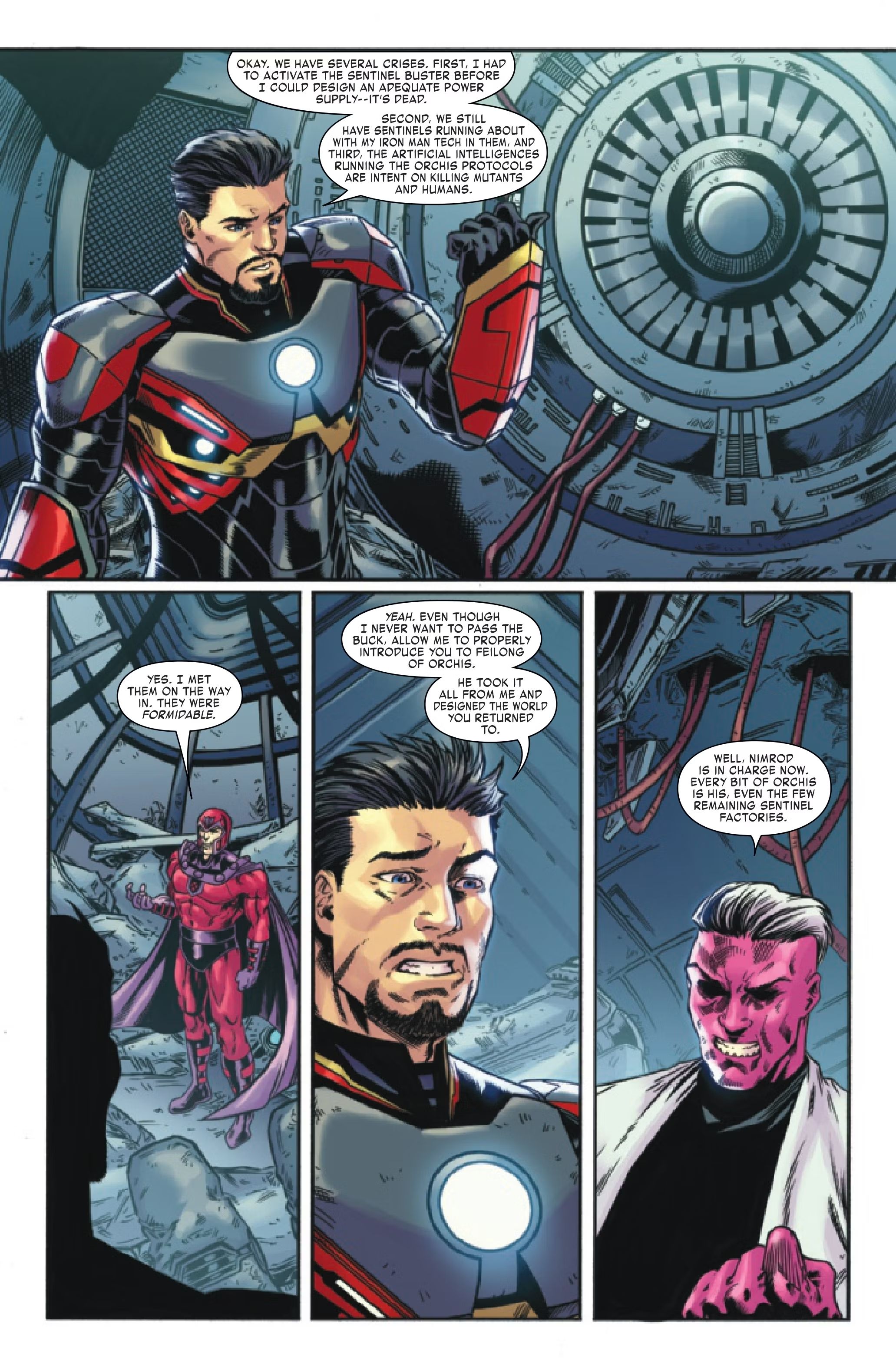 (top) Iron Man raises one fist. (bottom) Magneto, Iron Man, and Feilong strategize about Orchis.