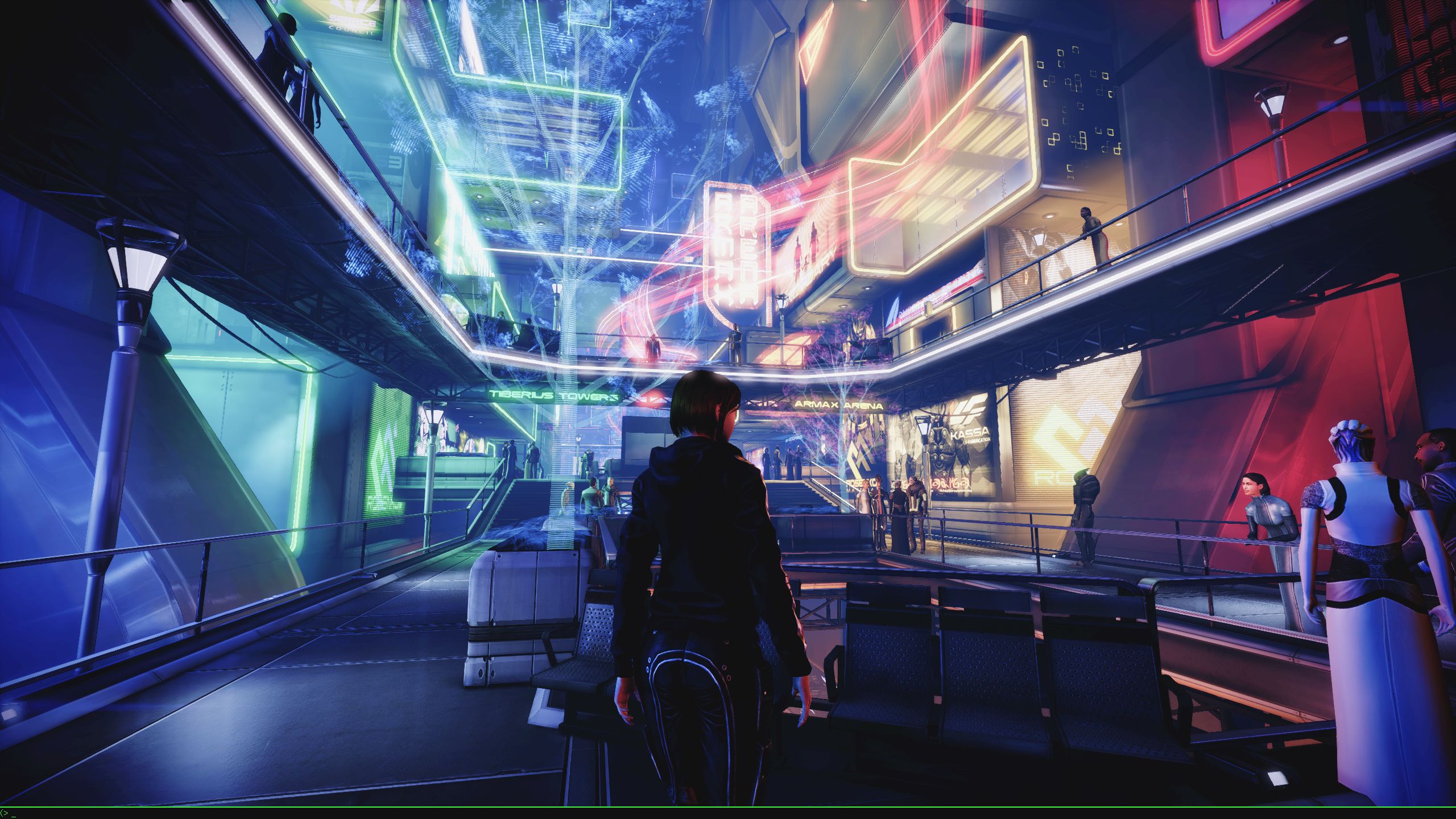 Female Commander Shepard Standing Beneath Neon Signs In Silversun Strip In Mass Effect 3 Legendary Edition With In-Game Console Enabled