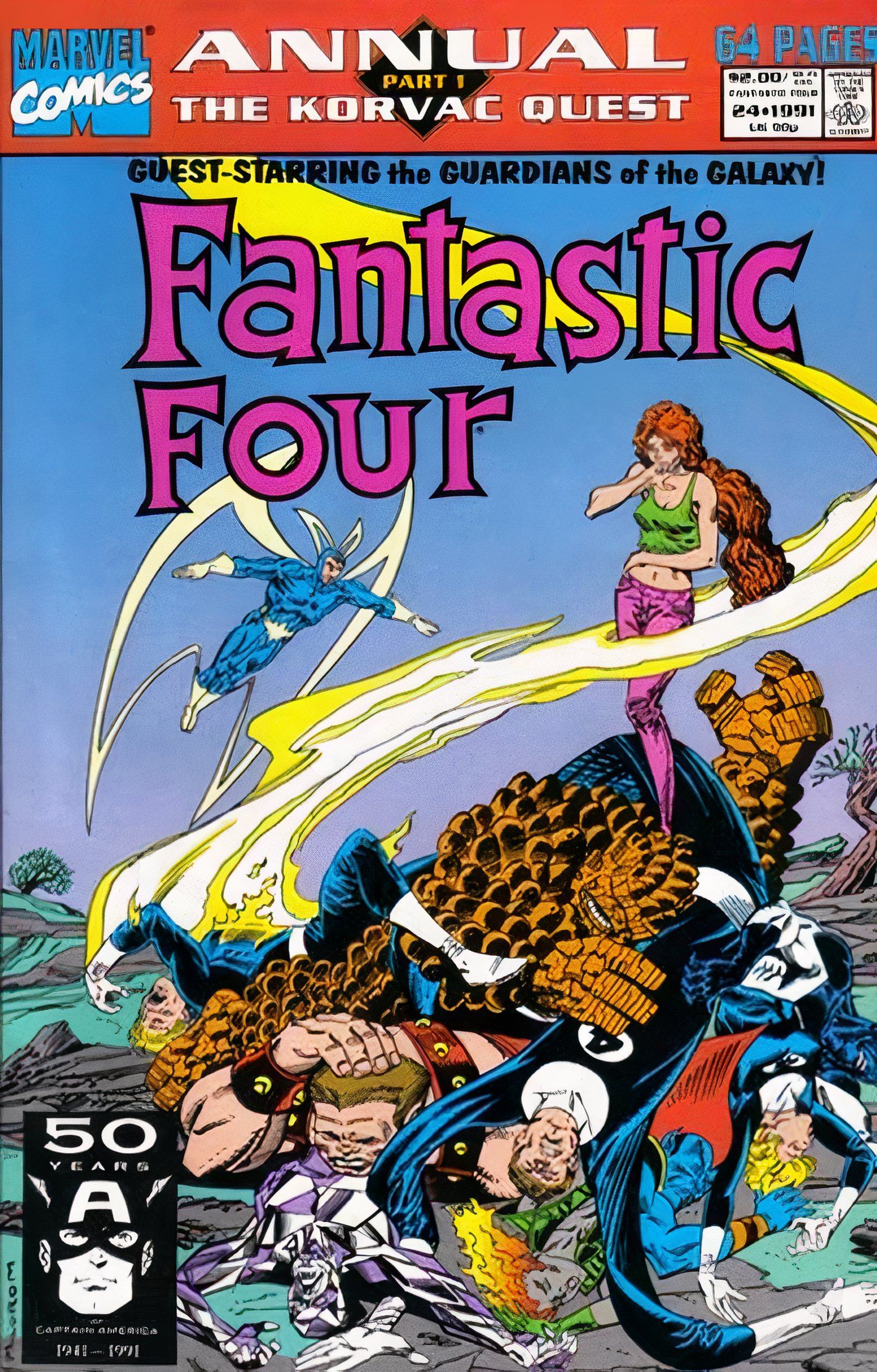 Capa do Fantastic Four Annual #24, apresentando os Quatro e os Guardiões da Galáxia empilhados após serem derrotados.