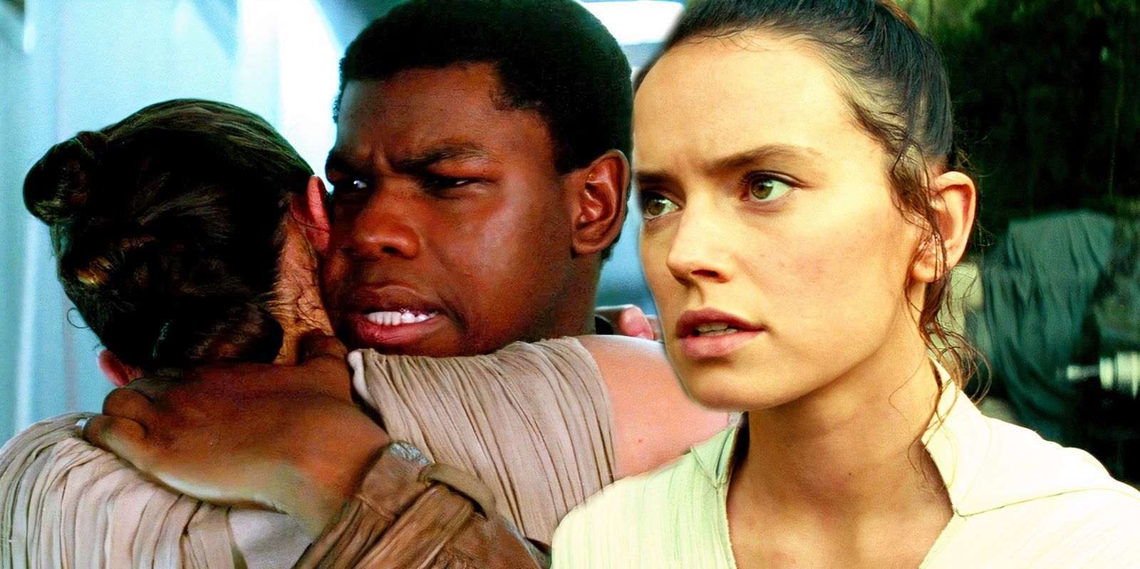 Finn hugging Rey as Rey looks on in Star Wars Rise of Skywalker